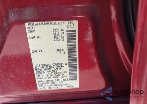 2013 Nissan Altima 2.5 Sl z USA, uszkodzony, nr VIN 1N4AL3AP5DC286981